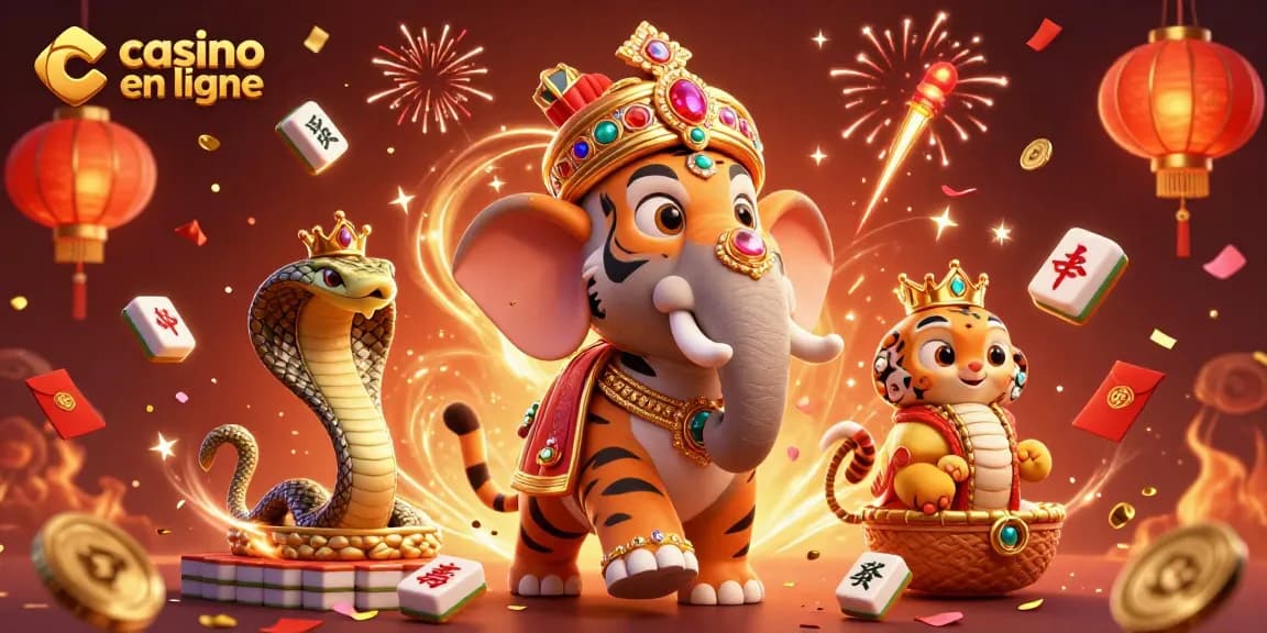 Faites l'expérience de casino en ligne avec un tigre maharaja sur un éléphant, entouré de jetons et de lanternes.