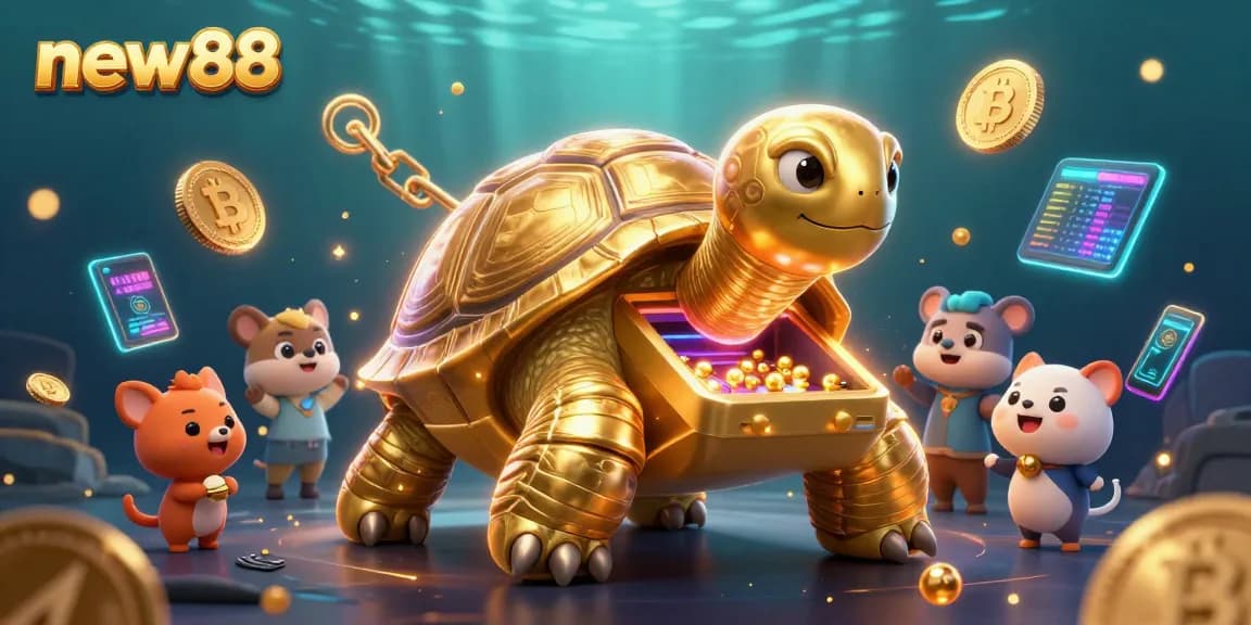 Play exciting games at new88 with a bustling scene of a golden tortoise slot machine surrounded by colorful crypto elements.