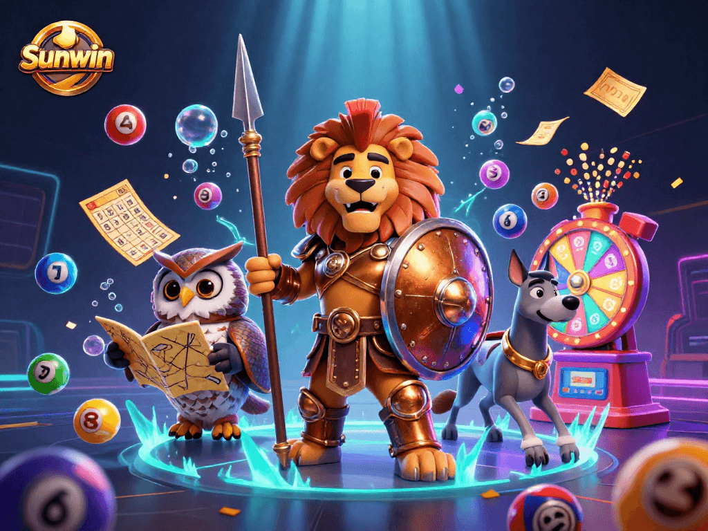 Spin to win with Sunwin's immersive casino experience featuring vibrant lottery elements and dynamic characters.