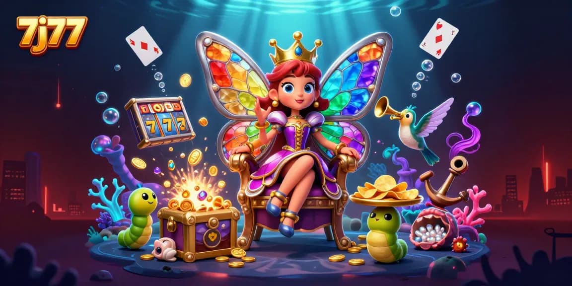 Engage with 7j77's vibrant casino world featuring a butterfly queen and floating slot reels.