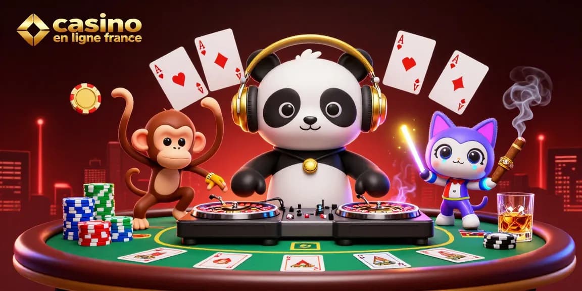 Le casino en ligne France anime une scène dynamique avec un panda DJ, un singe danseur et un chat à la fête.