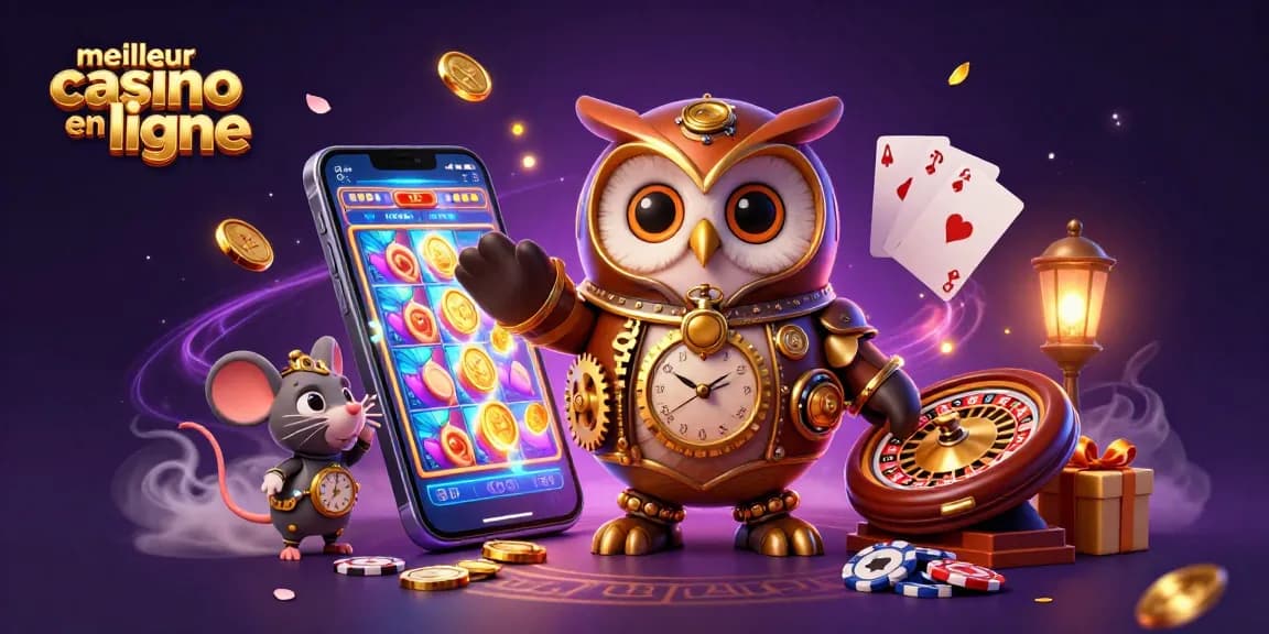 Jouer sur le meilleur casino en ligne avec un hibou d'époque et une souris, entourés d'éléments de jeu.