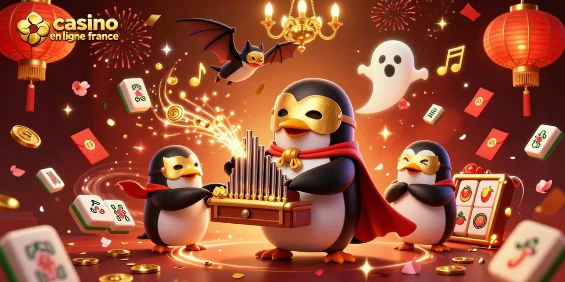 Illustration festive pour un casino en ligne France avec des personnages animés et des éléments de jeu.