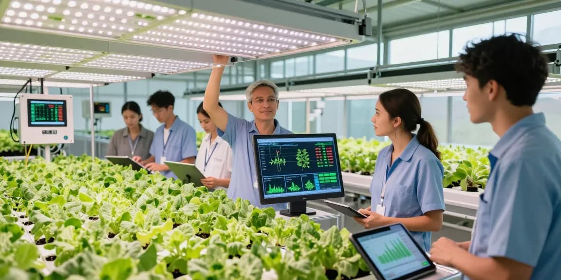 CIKA4D team analyzing plant growth data in a modern indoor agriculture facility.