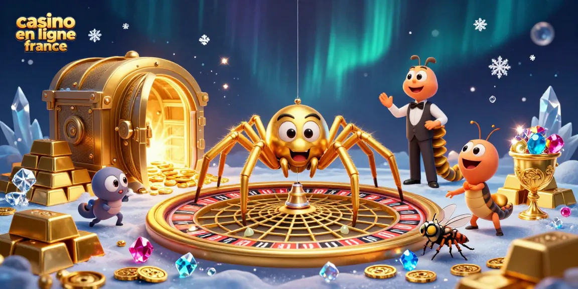 Une illustration dynamique représentant un casino en ligne France avec une araignée dorée et des éléments décoratifs scintillants.