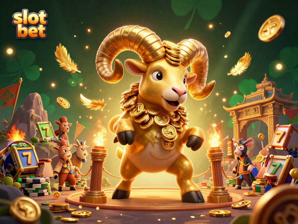 Taruhan slot menawarkan pengalaman seru dengan ram emas dan simbol slot yang berkilau dalam arena perjudian.