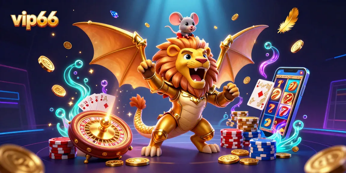 Experience excitement at vip66 with a roaring chimera and golden treasure in a bustling casino scene.