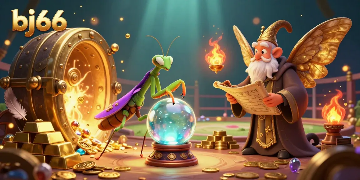 Experience the bj66 excitement of cockfighting with a mystical fortune teller and wise moth amid treasures.
