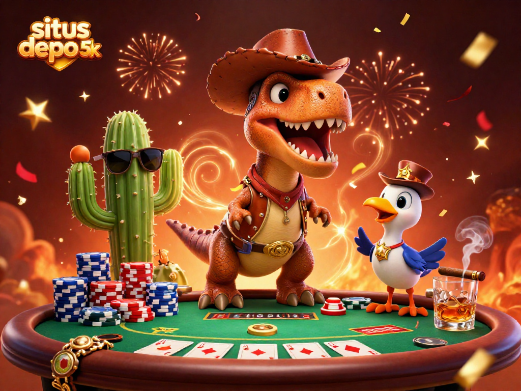 Engage with situs depo 5k in an exciting poker scene featuring T-Rex, cactus, and roadrunner.