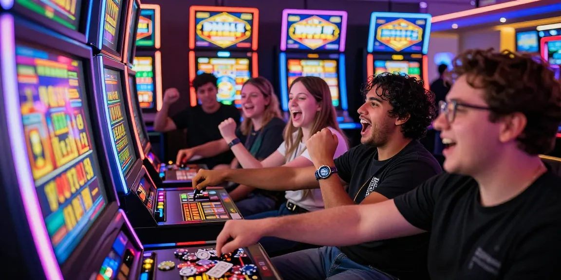 Exciting slot bonus experience at a lively casino with players cheering and colorful machines.