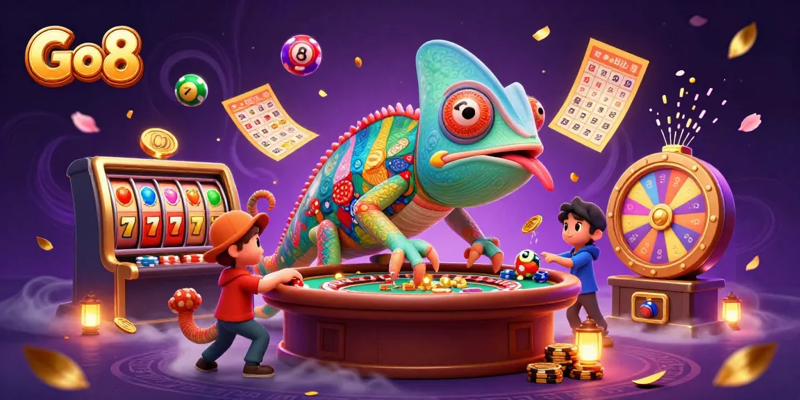 Go8 offers vibrant casino entertainment with a chameleon owner, colorful lottery balls, and thrilling slot elements.