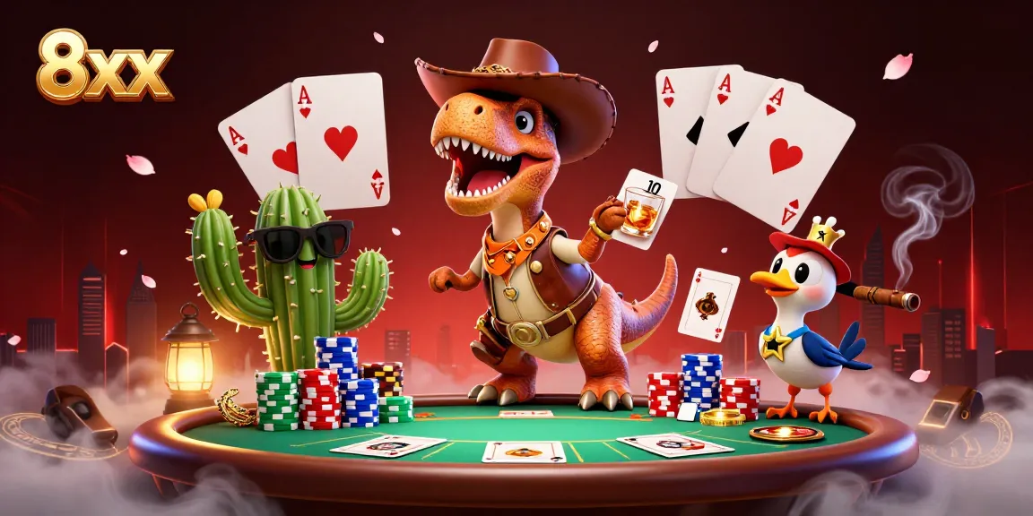 Engage with 8xx's thrilling poker scene featuring a cowboy dinosaur and colorful game elements.