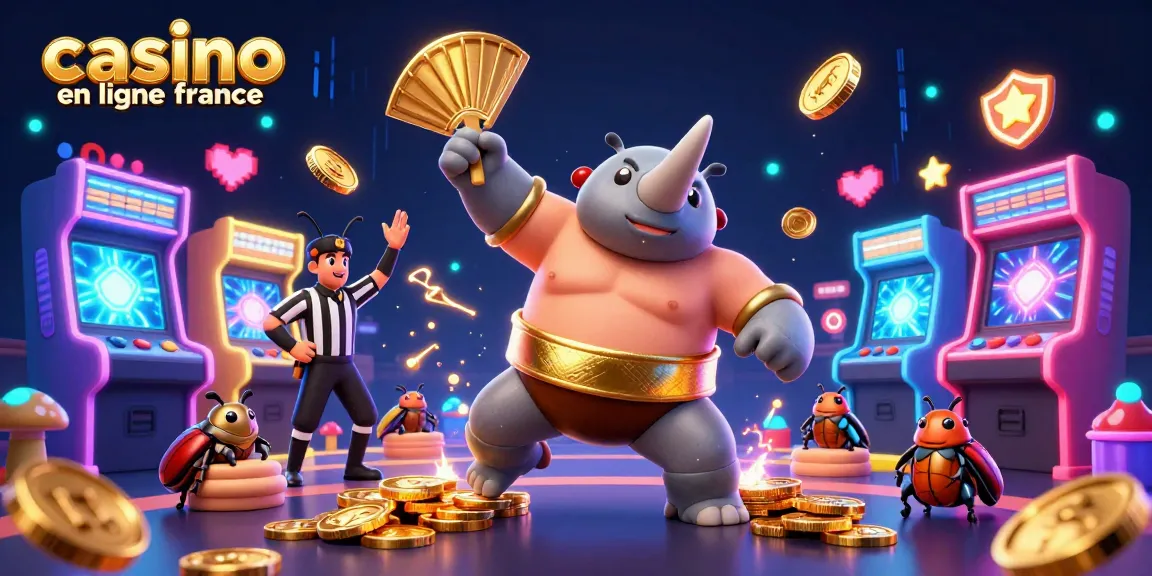 Illustration d'un rhinocéros scarabée champion de sumo illustrant le casino en ligne France avec des jeux colorés et des pièces d'or.