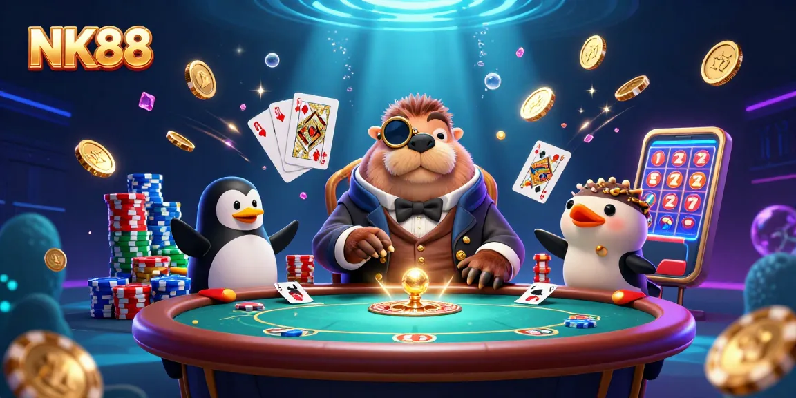Join NK88 for a thrilling underwater poker game with a walrus, penguin dealer, and a bluffing pufferfish.