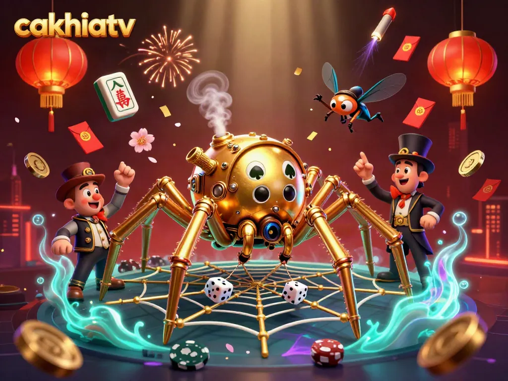 Cakhiatv showcases a steampunk spider in a glittering web of golden coins and poker chips amid celebratory decor.