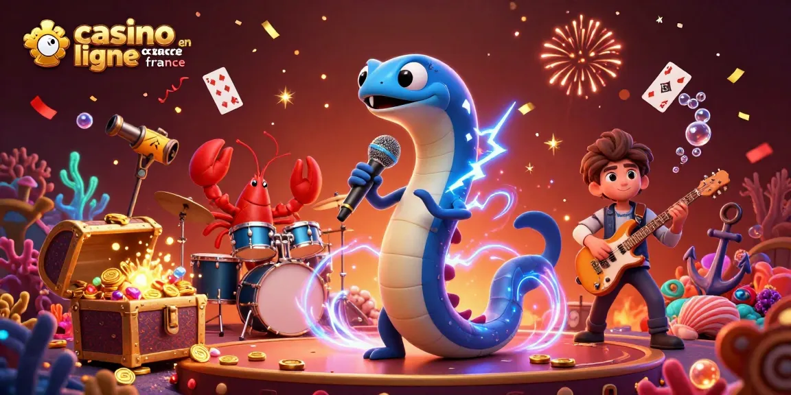 Illustration d'un spectacle sous-marin avec un électricien DJ et des musiciens, illustrant le divertissement au casino en ligne France