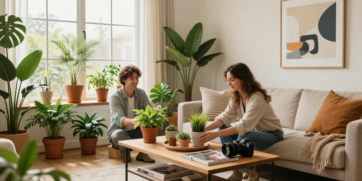 Motchill home and garden styling scene with a couple arranging indoor plants and decor elements in a sunny living room.