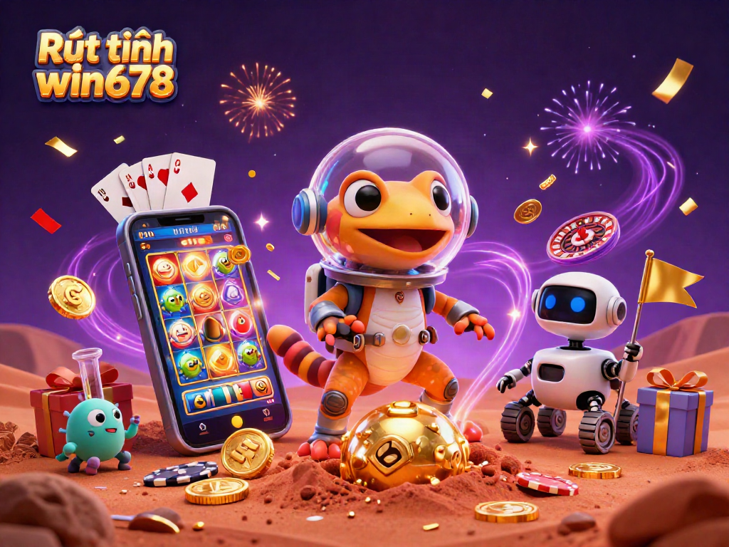 Experience Rút tiền win678 with a vibrant 3D casino adventure featuring a Martian gecko and robot.