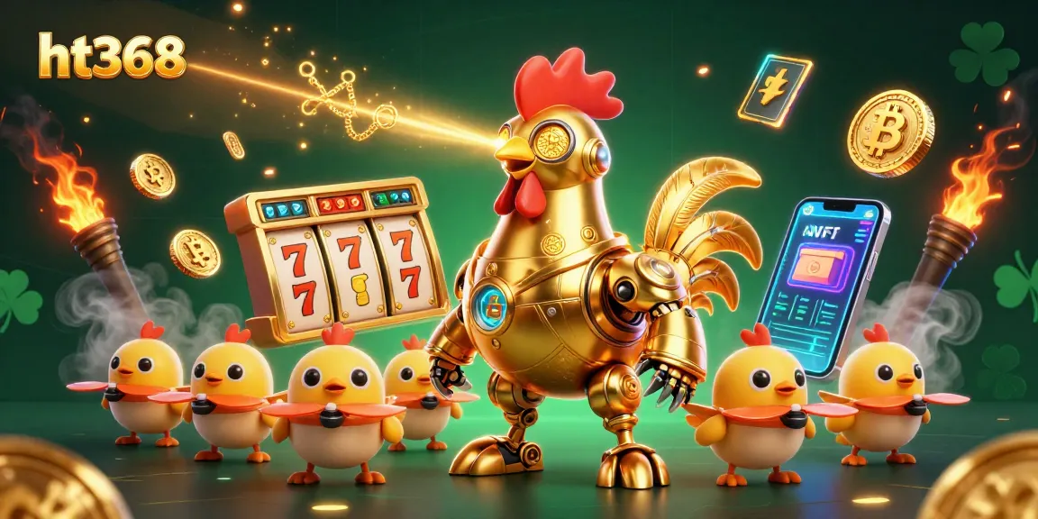 Engage with ht368's vibrant online gaming experience featuring a golden rooster robot and crypto elements.