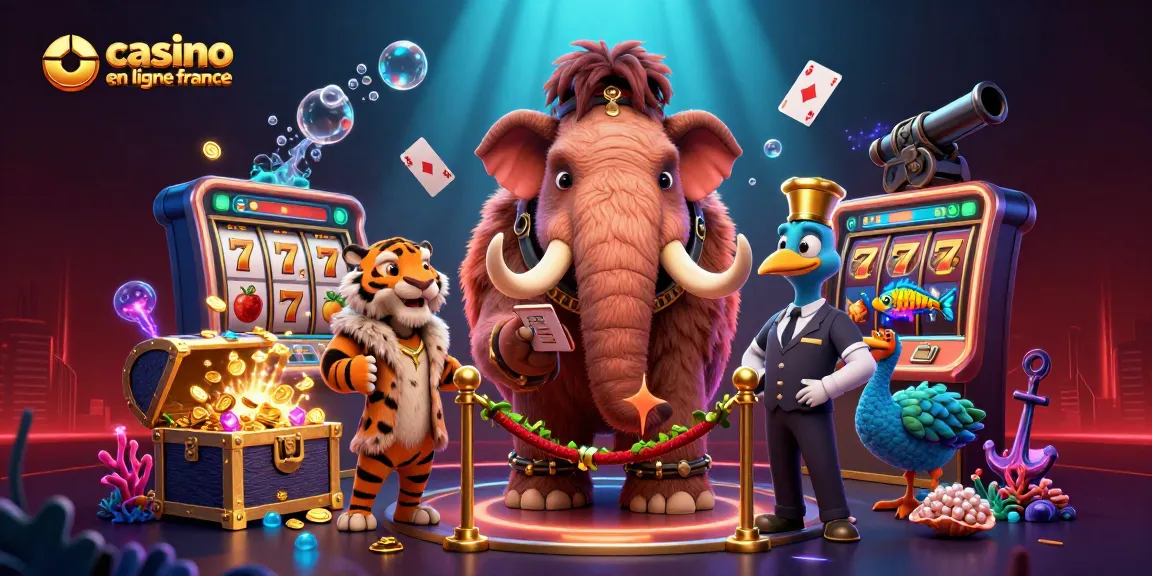 Illustration animée d'un mammouth, bouncer de casino en ligne France, vérifiant les ID avec un tigre VIP et un oiseau dodo.