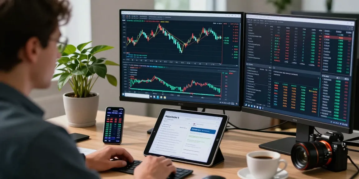 Trader using MetaTrader 5 platform with advanced charts, smartphone with exchange rates, and tablet displaying strategies in a professional office.