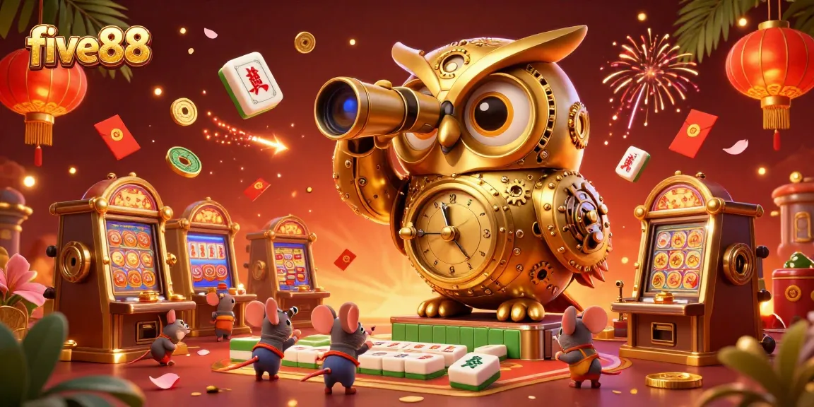 Experience the vibrant gaming atmosphere at five88, featuring a golden owl scanning the casino floor while mice play among slot machines.