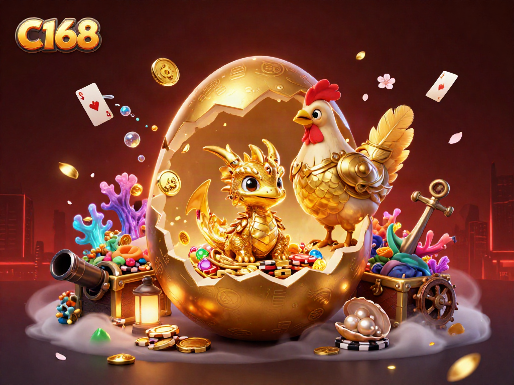C168 showcases a golden dragon emerging from a poker chip nest amid vibrant casino elements.
