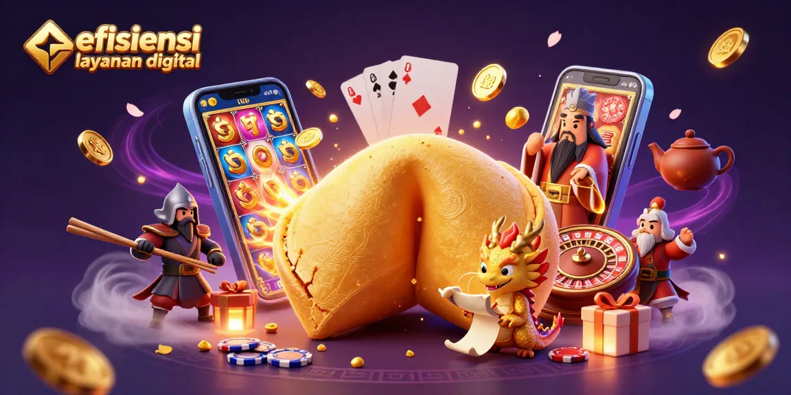 Engage with efisiensi layanan digital through a vibrant casino scene featuring a dragon, fortune cookie, and gaming elements.