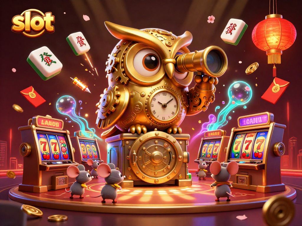 Engage with thrilling slot games as a clockwork owl oversees a bustling casino floor.