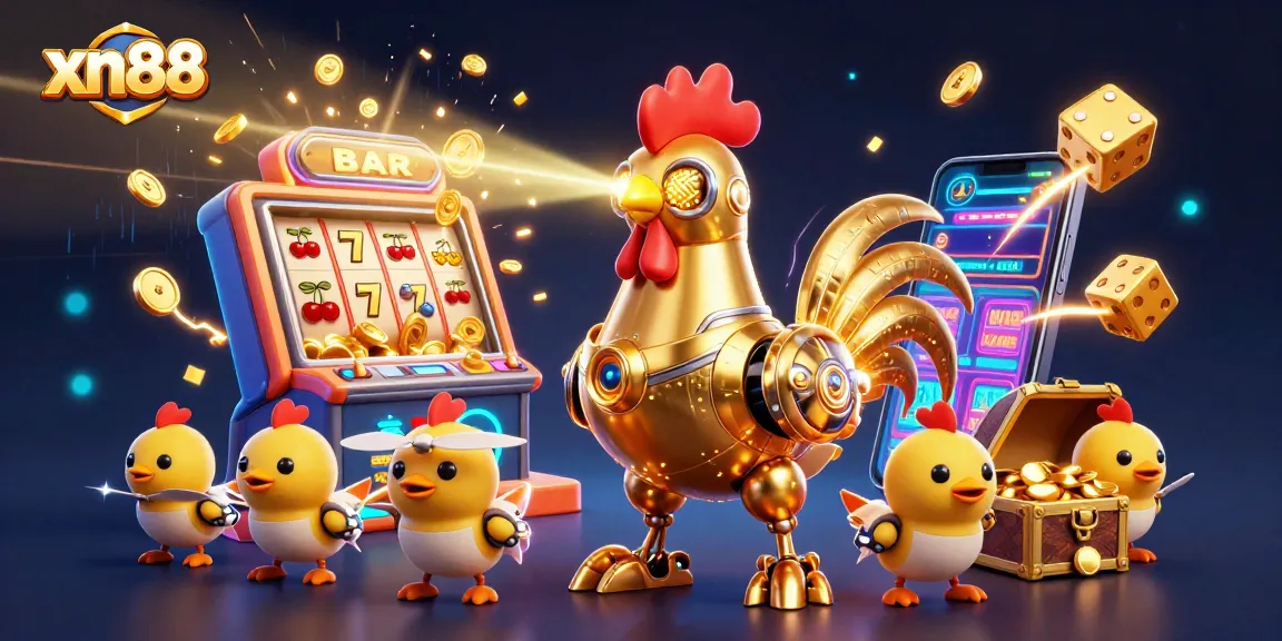 Experience the excitement of xn88 with a golden rooster robot amidst a jackpot explosion of casino games.