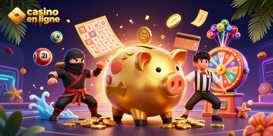 Jouer sur un casino en ligne avec des personnages 3D animés, des pièces dorées et des boules de loterie colorées.