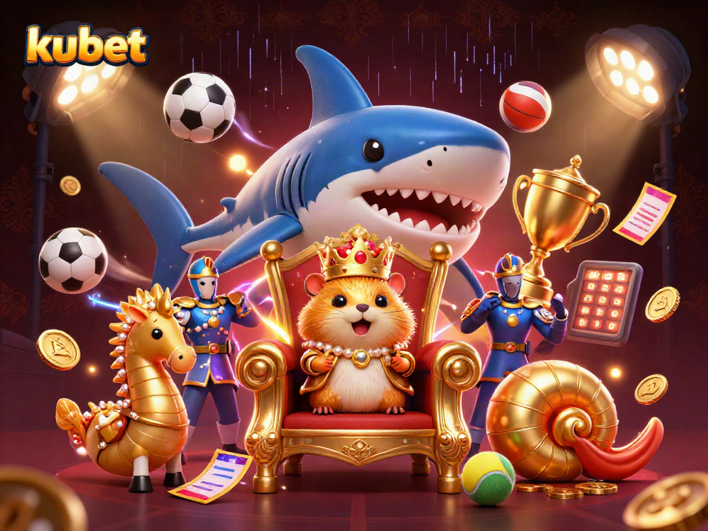 Bet big with kubet at a vibrant casino scene featuring a hamster king and gold elements.