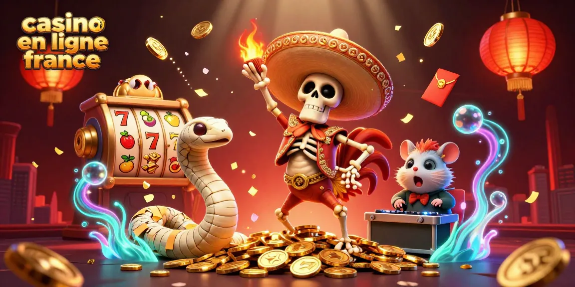 La scène dynamique du casino en ligne France avec un rooster mariachi dansant sur des pièces d'or et des éléments de jeu autour.