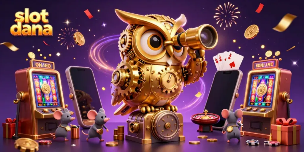 Slot dana memperlihatkan karakter burung hantu emas percika energi di kasino dengan elemen permainan