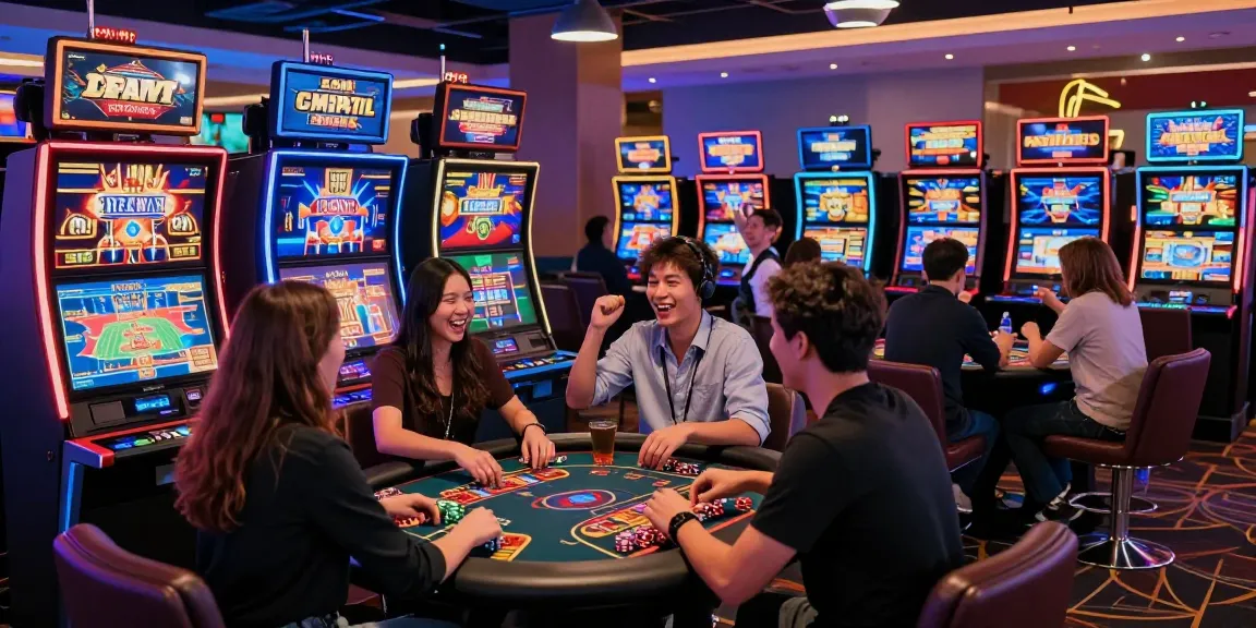 Exciting HWGSLOT casino gaming scene with players engaged in slot machines and card tables, vibrant atmosphere.