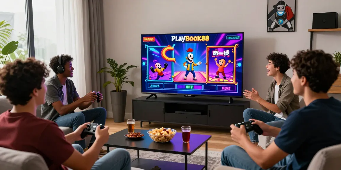Playbook88 gaming session in a lively living room with friends enjoying online slots.
