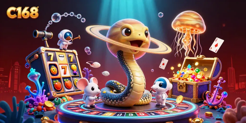 Experience thrilling gameplay at C168 with a vibrant cosmic casino scene featuring playful astronaut mice and a roulette wheel.