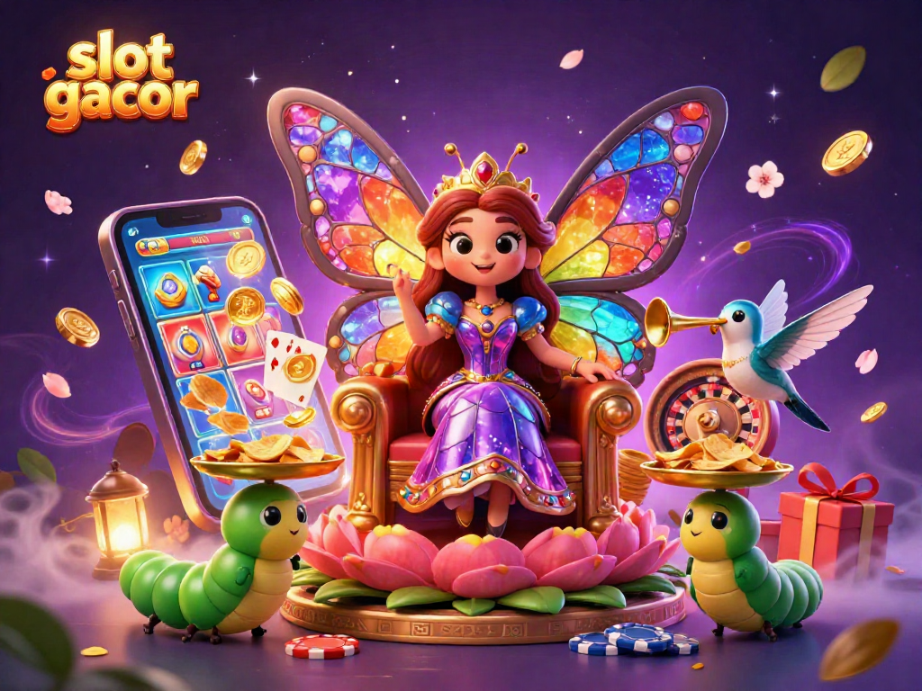 Spin vibrant slot gacor reels surrounded by a butterfly queen and whimsical elements in a magical casino setting.
