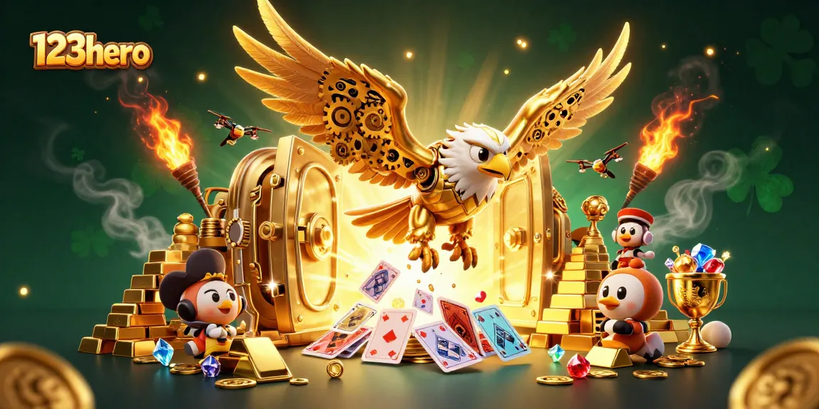 Experience the thrill of 123hero gambling with a cybernetic eagle amidst cascading playing cards and dazzling gems.