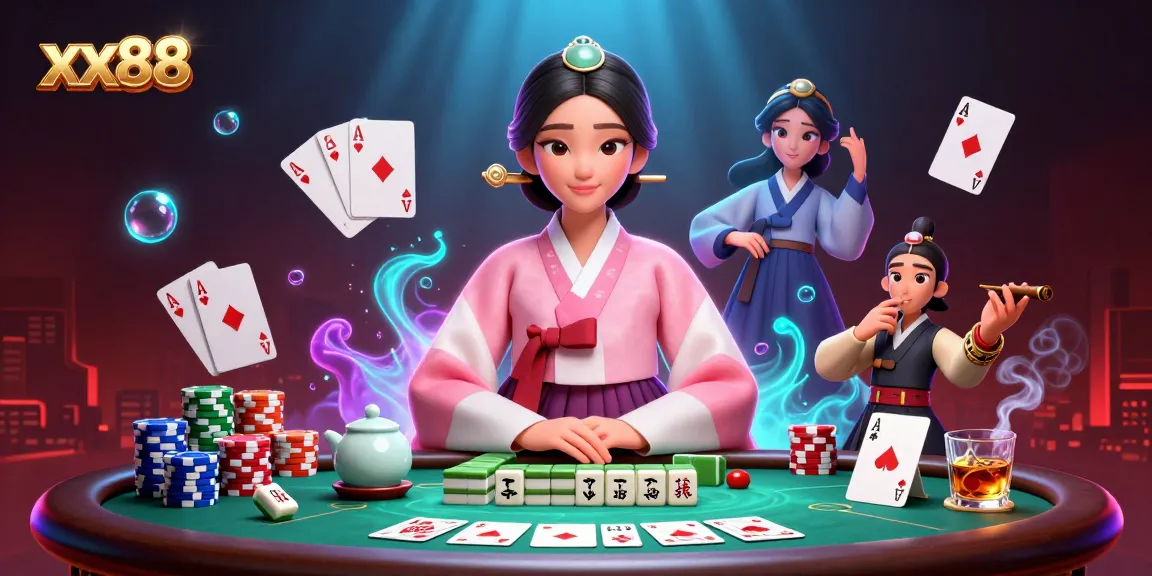 Engage with xx88's immersive casino experience showcasing poker elements and a graceful Asian character.