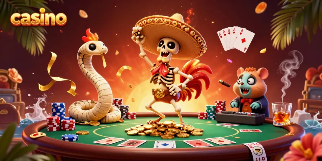 Experience the excitement at a casino with a dancing mariachi rooster, pirate treasures, and vibrant game elements.