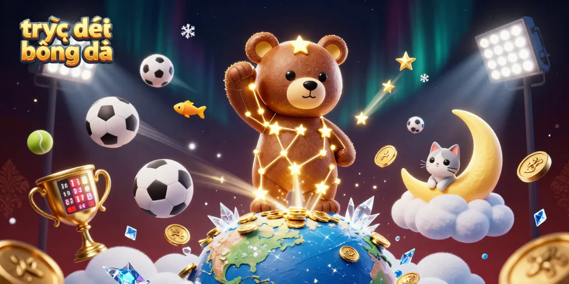 Experience vibrant trực tiếp bóng đá with dynamic sports balls and a celestial bear in a captivating scene.