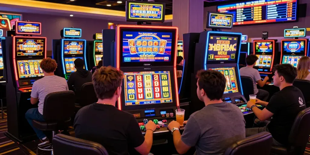 Pengalaman slot gacor yang seru dengan pemain bersemangat di ruang permainan modern.