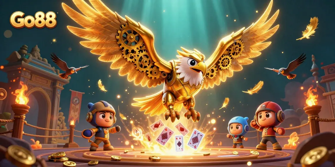Experience thrilling gaming action at Go88 with a cybernetic eagle soaring through a vibrant casino scene.
