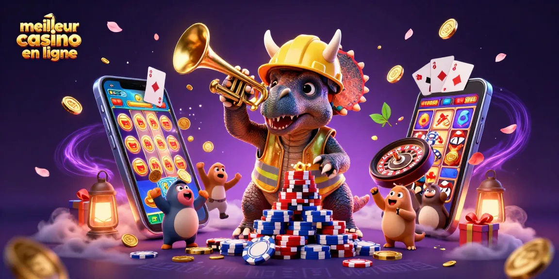 Profitez des jeux au meilleur casino en ligne avec des dinosaures célébrant sur des jetons de poker.