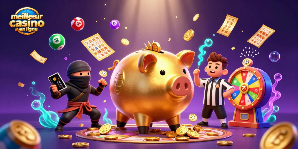 Venez découvrir le meilleur casino en ligne avec une illustration dynamique remplie de jeux d'argent et de bonheur.
