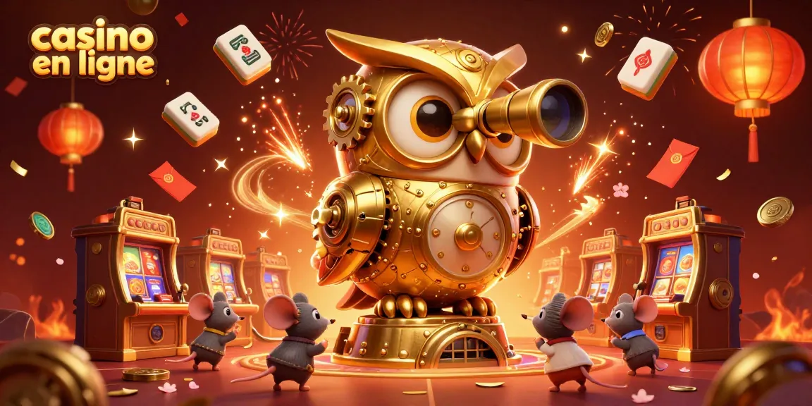 Jouer au casino en ligne avec une illustration dynamique d'une chouette dorée et des personnages animés ludiques.