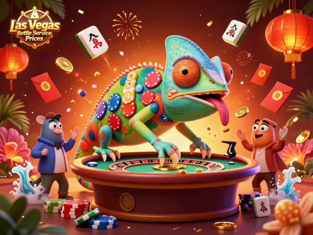 Discover Las Vegas Bottle Service Prices through a vibrant illustration of an animated chameleon casino owner amidst rich gaming elements.