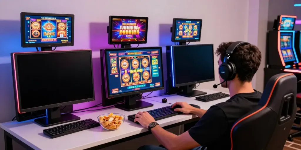 Engaged player in modern gaming setup enjoying slot online games with multiple screens displaying vibrant graphics.