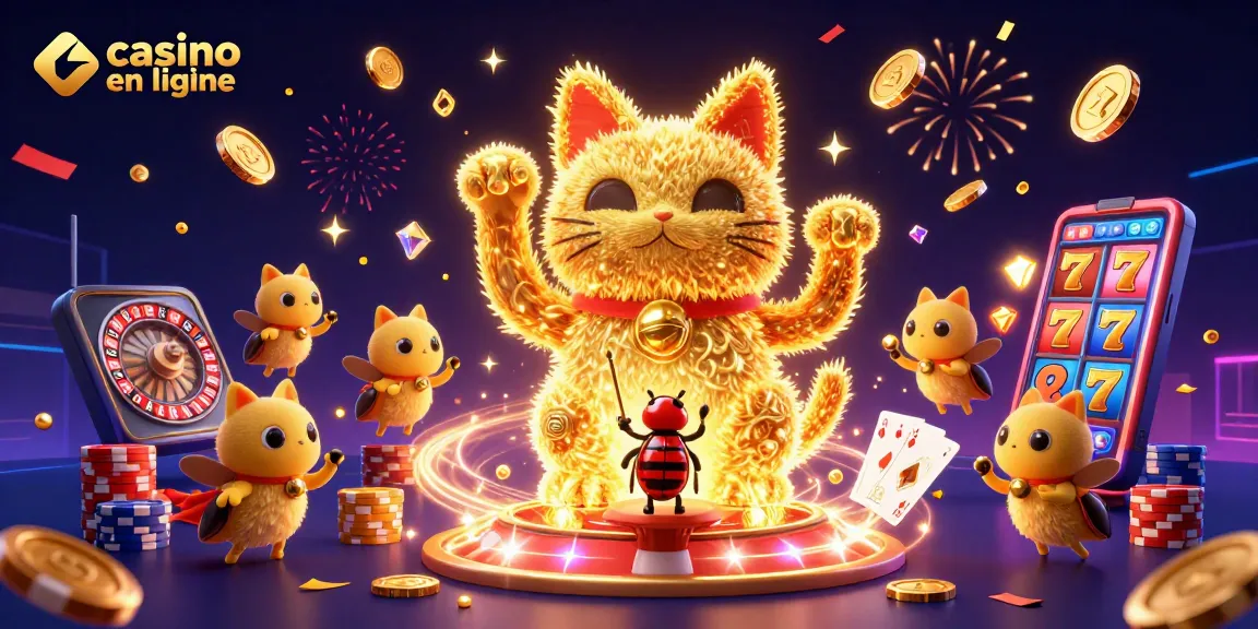 Illustration dynamique de casino en ligne avec un chat porte-bonheur, des pièces d'or et des jetons.